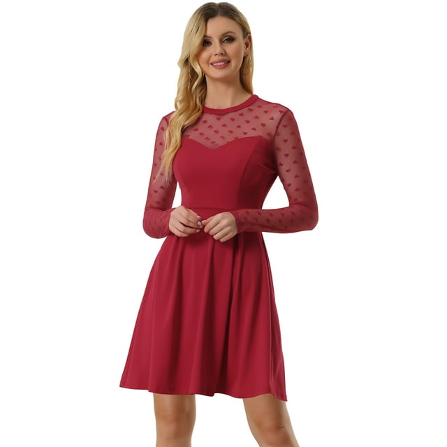 Vestido corto de una línea de fiesta de patinadora transparente de malla con lunares de corazón para mujer Allegra K Rojo S