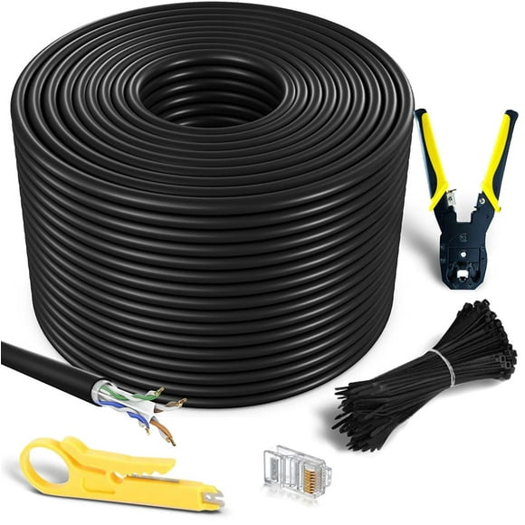 MutecPower 200 m Câble Réseau Ethernet Extérieur Étanche à Enfouissement Direct CAT6 - UTP - CCA - 550 Mhz - Noir 200 Mètres avec Outil de Sertissage RJ45 Connecteurs et Attaches-Câbles