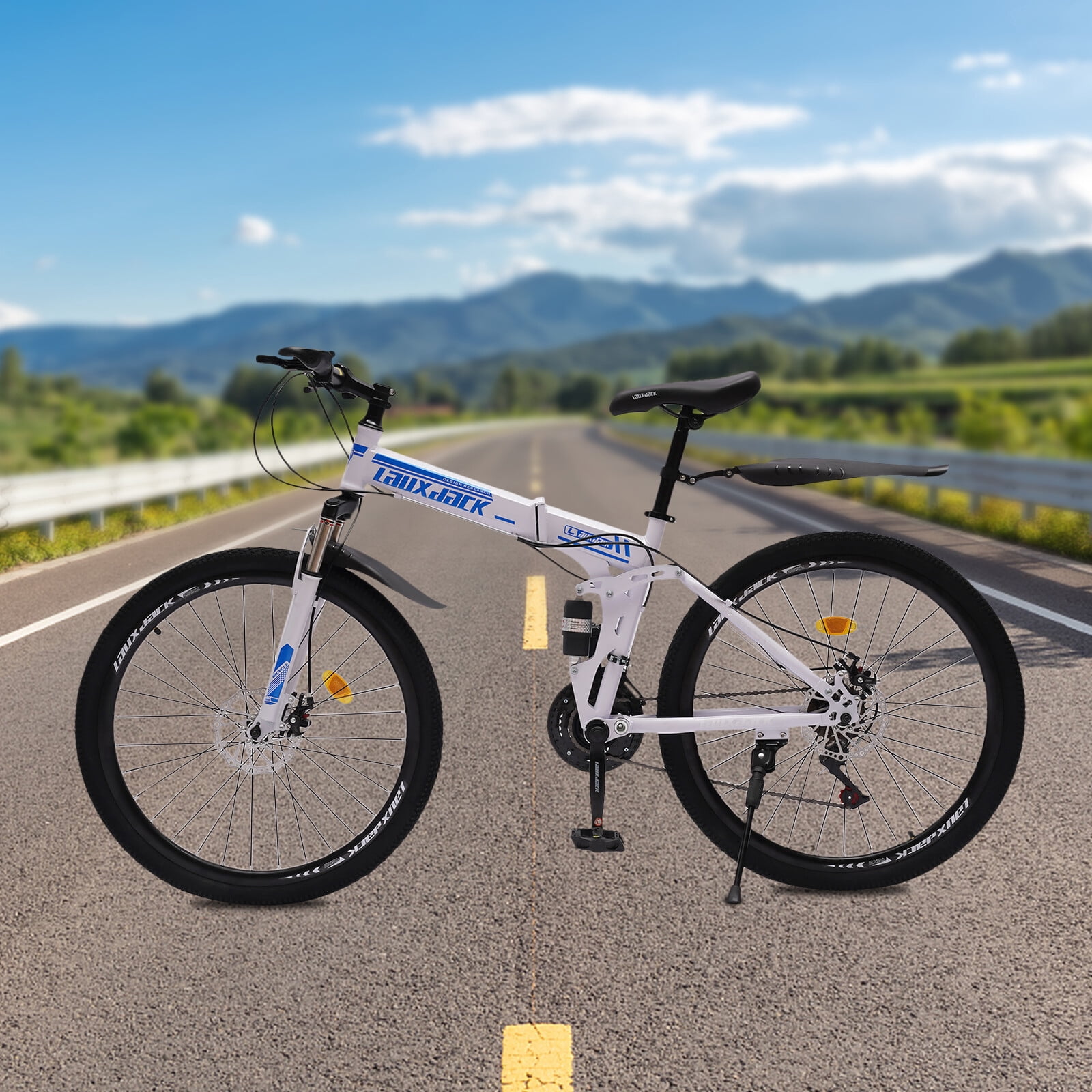26" Folding Mountain Bike 21 Speed Men Bikes MTB Bicycle School Dual Disc Brake Rubber, High-carbon Steel, Sponge Blue, White