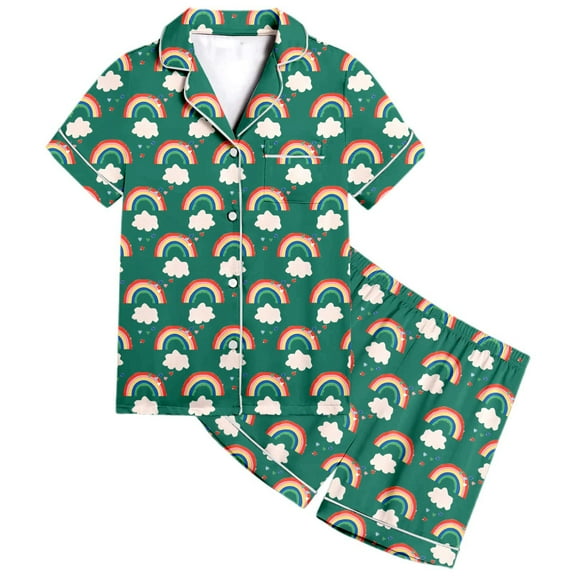 CAIVO 2 Piece Pajama Sets Rainbow Pattern Kids Boys And Girls Short Sleeve Lapel Button Down Shirts Tops With Shorts Sleepwear Pjs