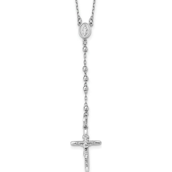 14K White Gold Diamond-Cut 3mm Beaded Rosary 24 Inch Necklace Made In Dominican Republic sf2064-24