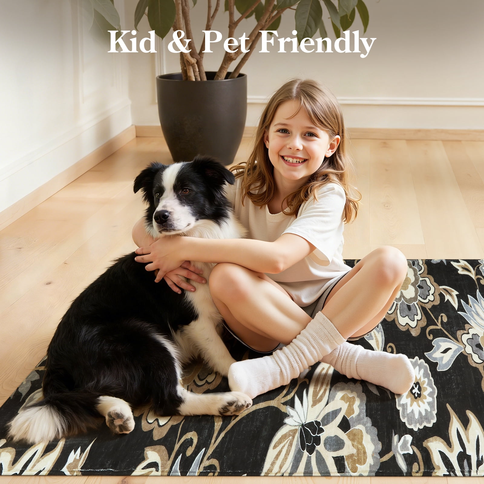 Lahome 2x3 Floral Washable Rugs for Entryway, Small Black Non Slip Bedroom Rug with Rubber Backing , Soft Ultra Thin Indoor Mat for Bathroom Kitchen