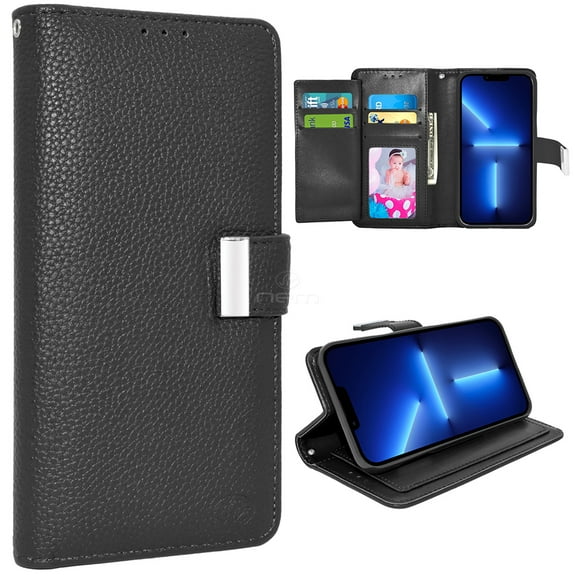 For Apple iPhone 13 Pro Max 6.7 inch Double Flap Folio Leather Wallet Pouch Case Cover Black