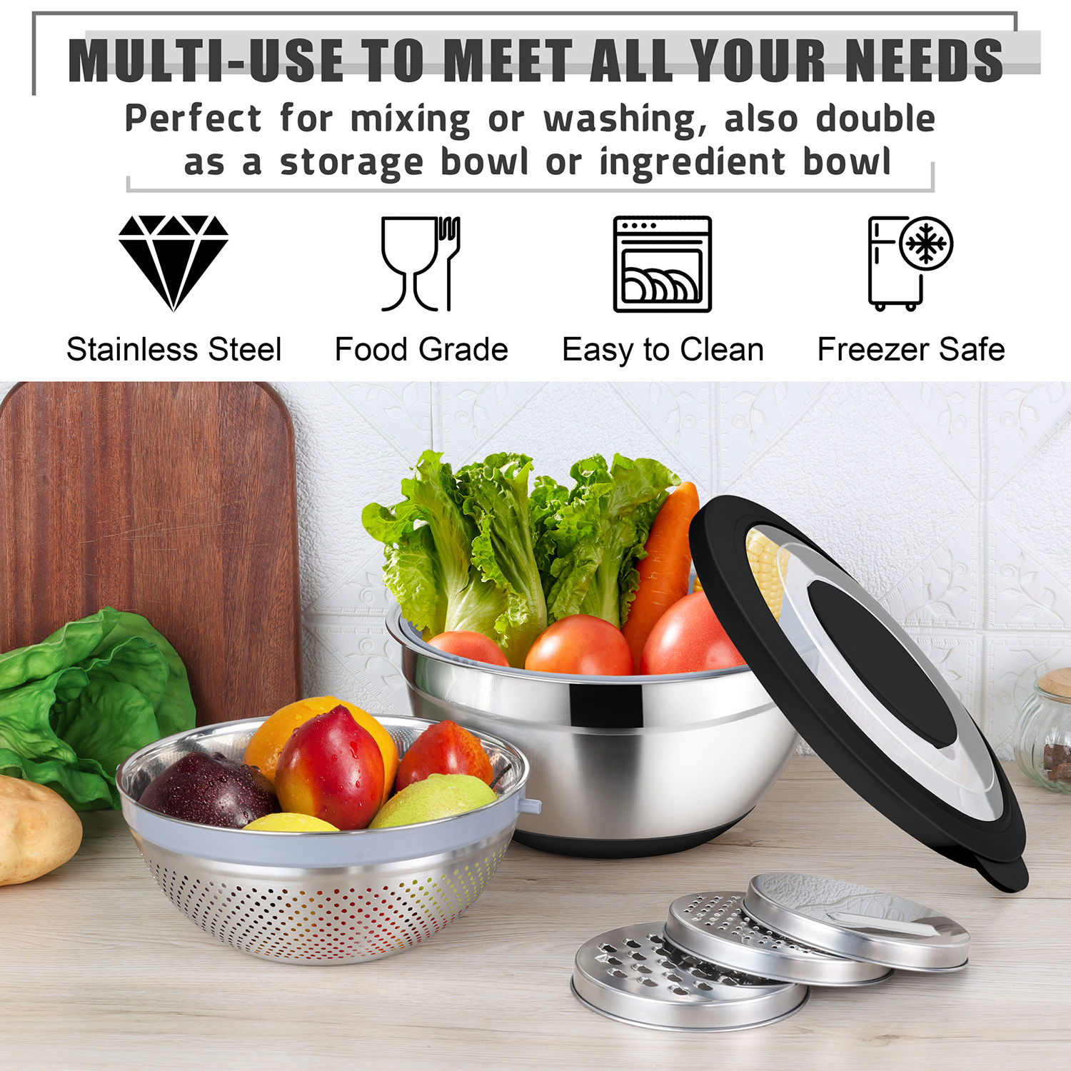 Vesteel 4-in-1 Colander and Mixing Bowl Set, Black photo 3