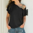 thumbnail image 2 of Top negro de mujer con hombros descubiertos, tirantes cruzados, mangas cortas, corte holgado, camiseta informal de color liso, elegante para verano, 2 of 6