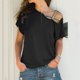 thumbnail image 2 of Top negro con hombros descubiertos para mujer, corte holgado, mangas cortas, camiseta informal de color liso, elegante para verano, 2 of 6