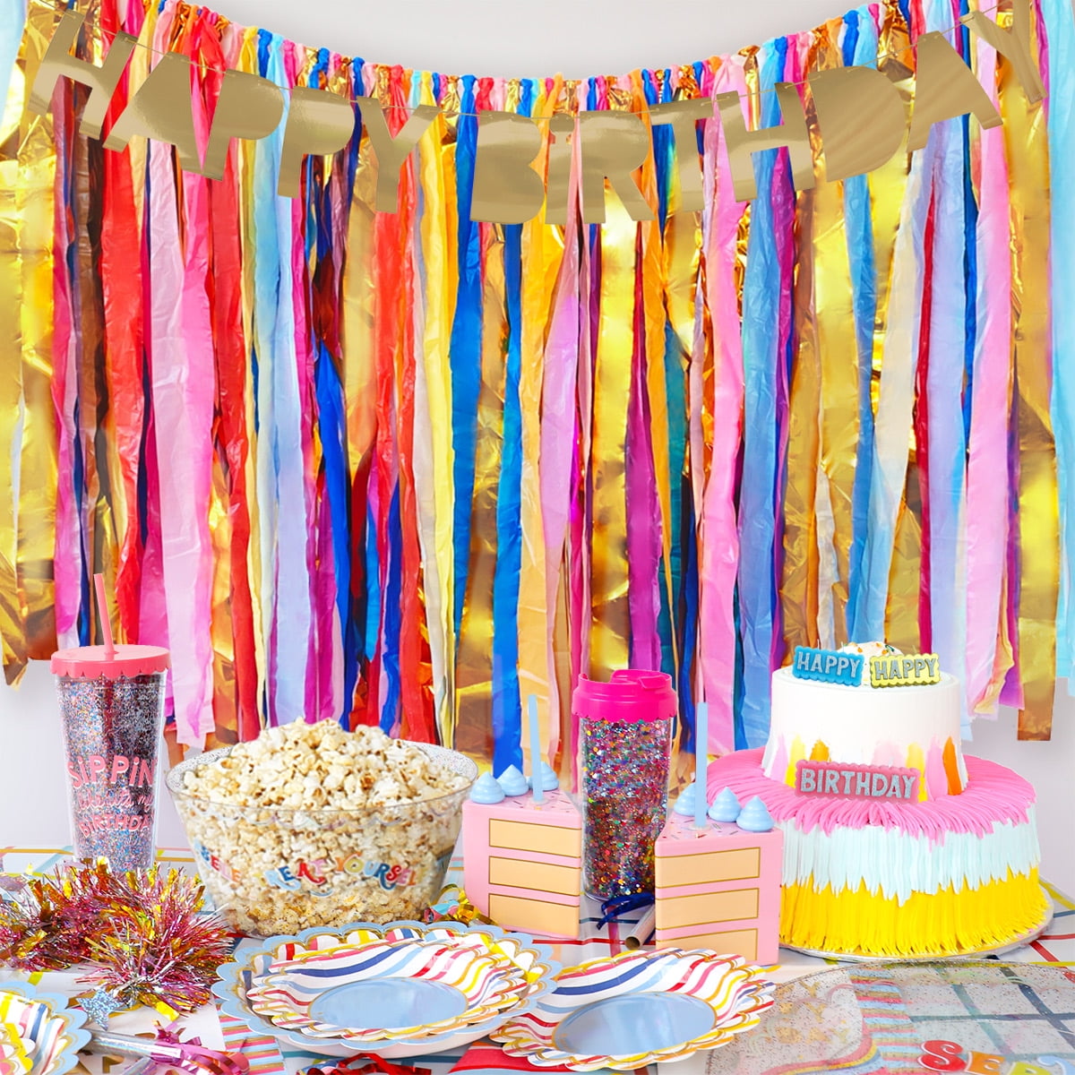 Packed Party Gold Happy Birthday Banner and Multicolor Fringe Background