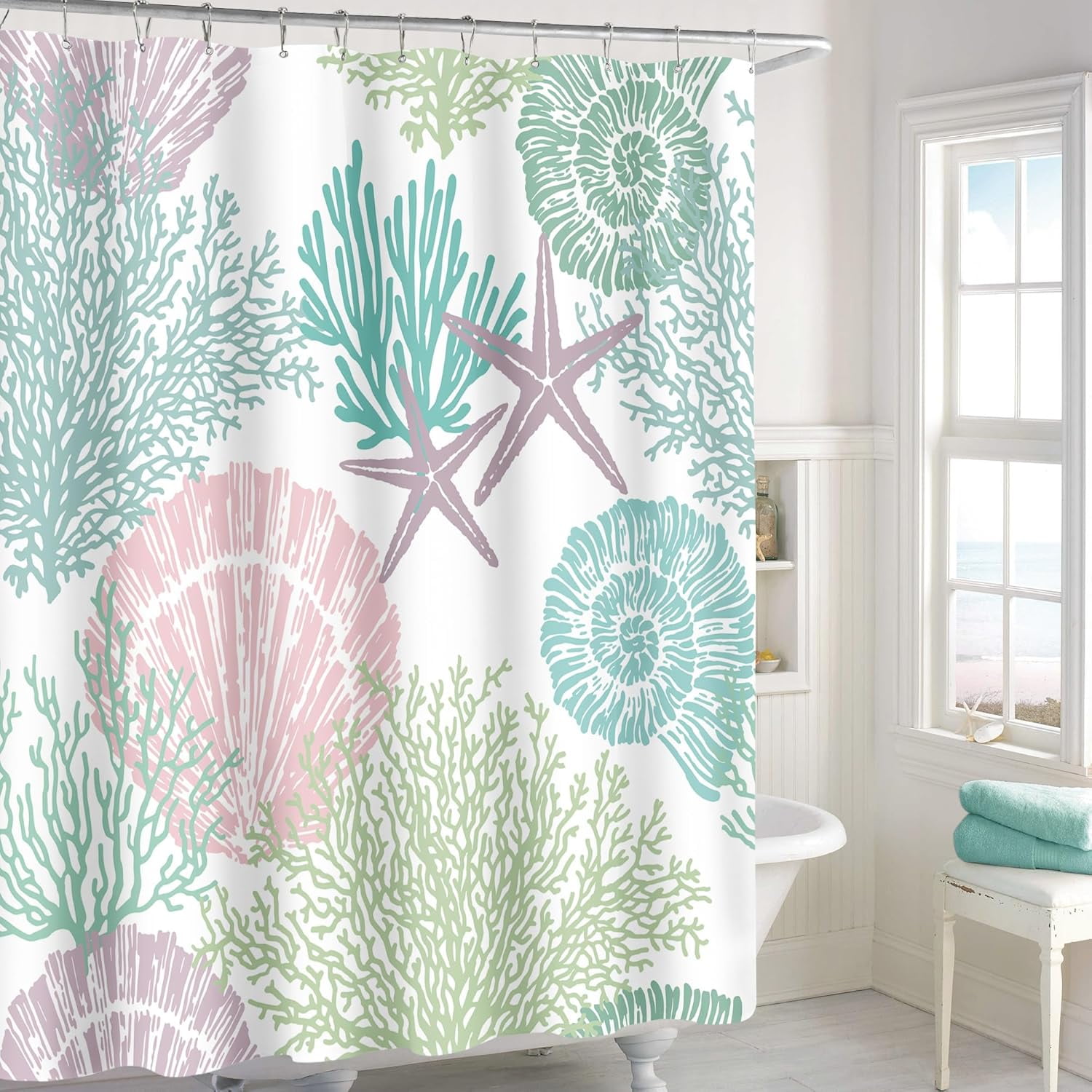 Nautical Coastal Shower Curtain, Pink Green Beach Ocean Theme Shower Curtain for Bathroom Decor, Summer Tropical Seashell Starfish Coral Fabric Shower Curtain Set with Hooks, 72x72