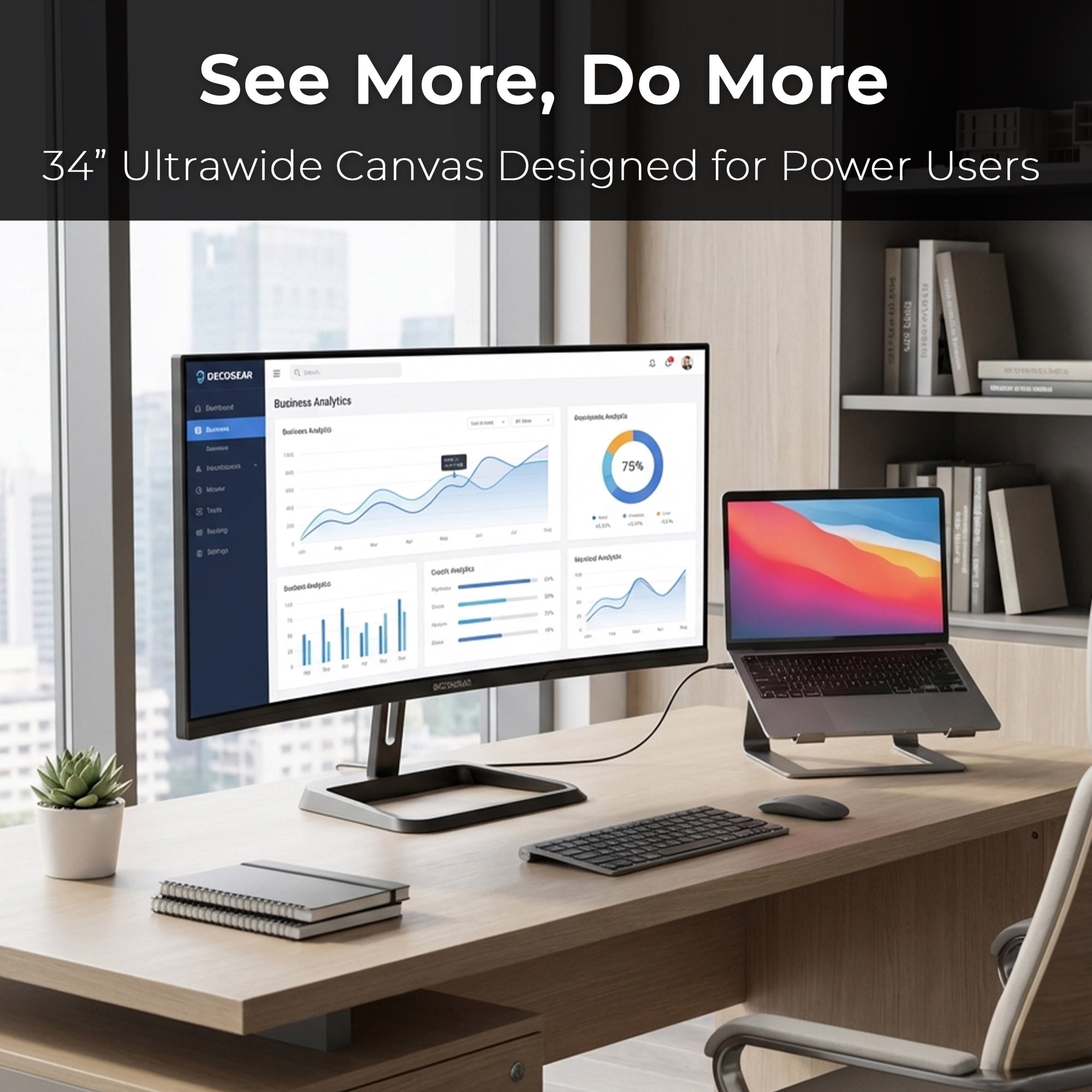 Deco Gear 34" Curved UltraWide WQHD Monitor 3440×1440, 100Hz, 1ms, 99% sRGB, HDR, Low Blue Light, PIP/PBP, 2× HDMI, 2× DisplayPort, Tilt-Adjustable Stand - Business Productivity Display