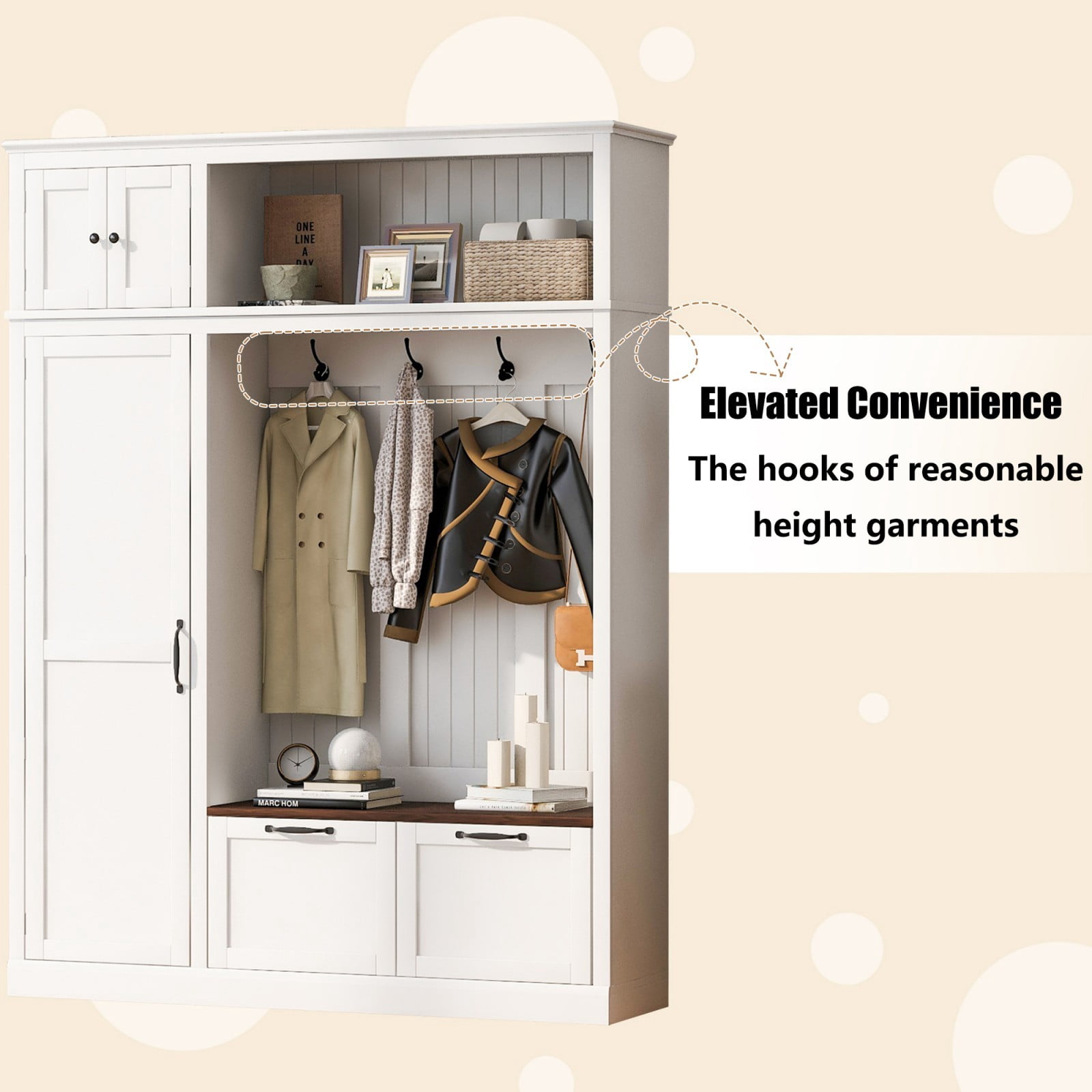 59"W 3-in-1 Farmhouse Entryway Hall Tree with Storage Cabinet, Adjustable Shelves, 4 Hooks & 2 Drawers, Mudroom Bench with Grooved Back Panel, Multifunctional Hallway Organizer, White