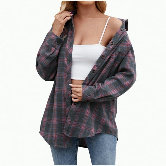 Towmus Flannel Shirt Women Button Down Long Sleeve Plaid Shirts Collared 2025 Casual Work Tops S-2XL