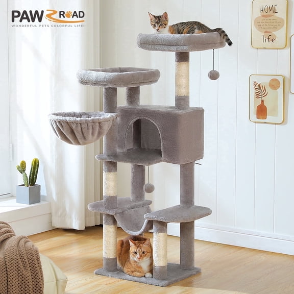 PAWZ Road 46.5" Multi-Level Cat Tree with Condo, 2 Perches and 2 Hammocks, Hanging Toys for Indoor Cats,Gray
