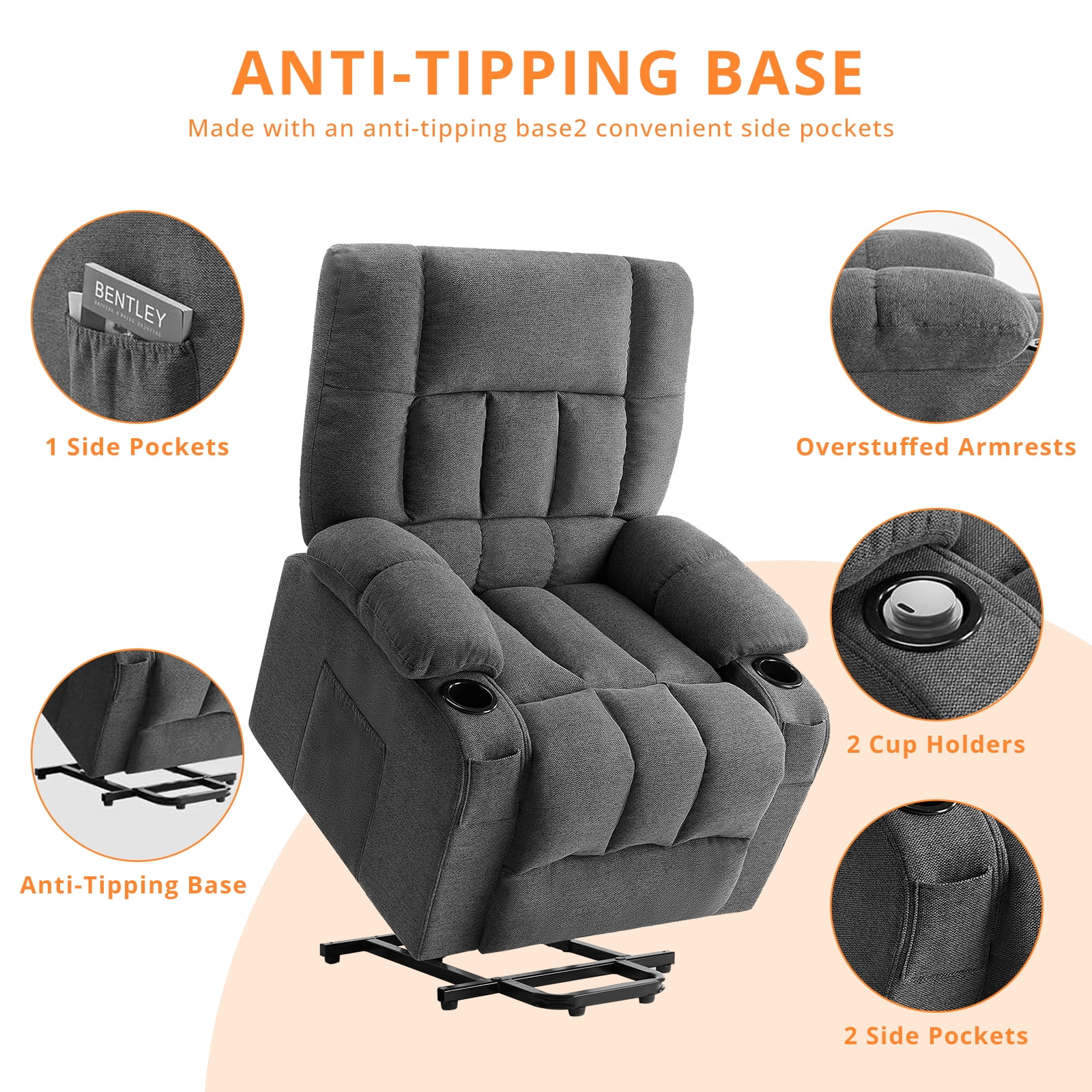 Recline Chair, 21.6"W Oversize Accent Armchair with Storage Bag, Modern Chair for Living Room, Bedroom, Gray