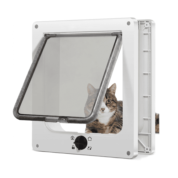 Large 4 Way Locking Pet Interior Exterior Door Cat Door For Cat White Rotary Anti Escape Lock Dog & Cat Door with Circumference Less than 23.62",Outer Size 7.5x8.46"