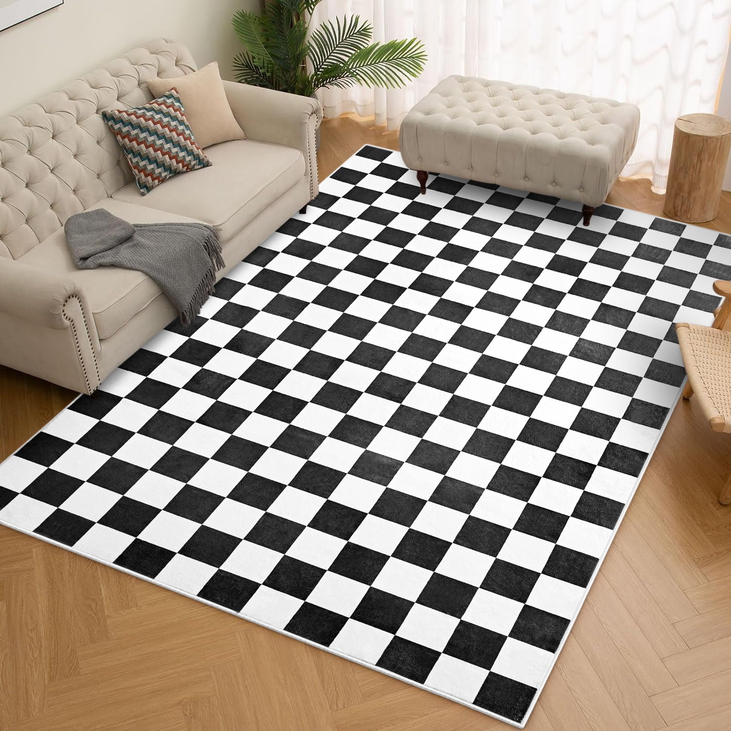 Arogan Checkered Area Rug for Living Room Bedroom Washable Rug, Black and White,4' x 6'