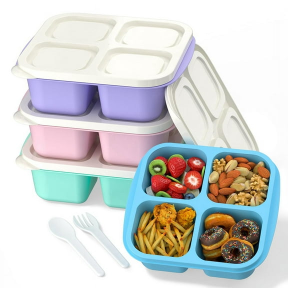 Meal Prep Containers (4 Pack), 4-Compartments Bento Lunch Box, Reusable Food Prep Containers