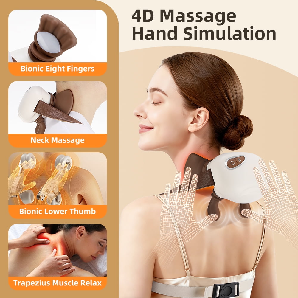 Bionic Heated Massager, Cordless Neck and Shoulder Massager with 3 Massage Modes 2 Heat, Heated Kneading Massager for Neck with Adjustable Strap, Beige