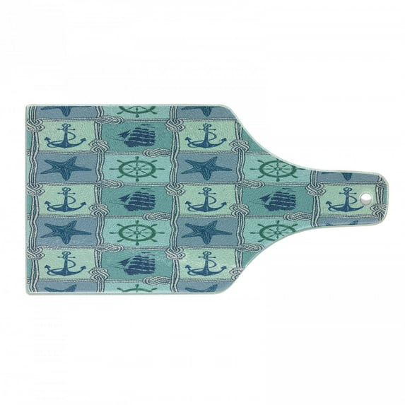 Ships Wheel Cutting Board, Nautical Patchwork Pattern Rope Starfish Sailing Ship Anchor and Helm, Decorative Tempered Glass Cutting and Serving Board, Wine Bottle Shape, Turquoise Navy, by Ambesonne