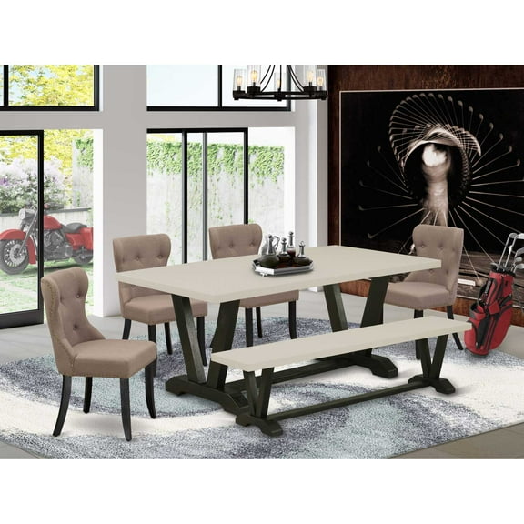 East West Furniture 6-Piece Kitchen Dining Table Set-Coffee Linen Fabric Seat and Button Tufted Back Dining Chairs, a Wooden Bench and Rectangular Top Dining Table with Hardwood Legs - Linen White...