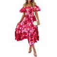 thumbnail image 2 of Women'S Summer Casual Midi Dress Puffy Short Sleeve Square Neck Smocked Tiered Ruffle Dresses Rose Red & Pink XL, 2 of 7