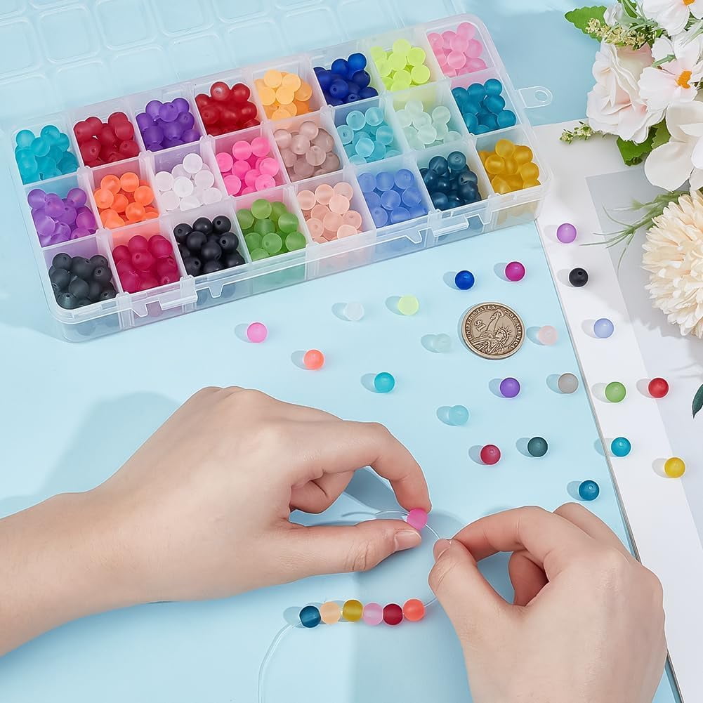 720pcs 8mm Frosted Glass Beads 24 Colors Matte Beads Colorful Spacer Beads Round Loose Beads Transparent Beads Craft Beads for Jewelry Making Bracelets Necklace Earring DIY Craft