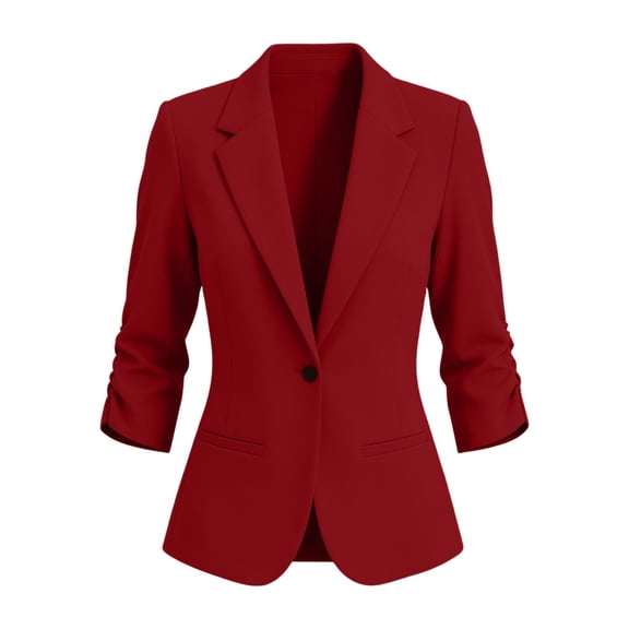 SSZMDLB Women Collared 3/4 Sleeve Ruched Blazer Slim Fit Office Work Jacket for Women Business Casual Tops Elegant Solid Spring Fall, Red S