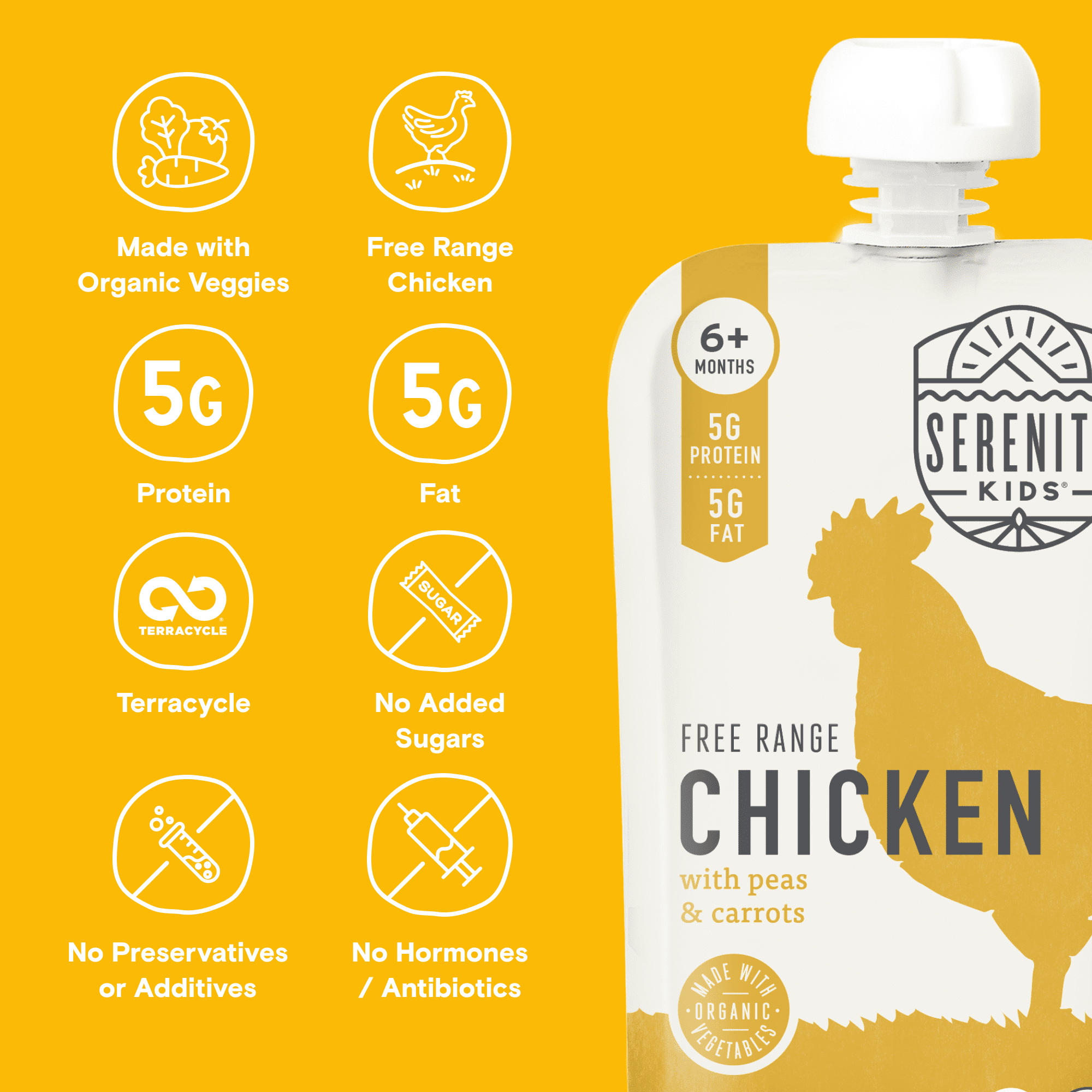 Serenity Kids Free Range Chicken Stage 2 Baby Food Organic Peas & Carrots, 3.5oz Pouch (6 Pack)