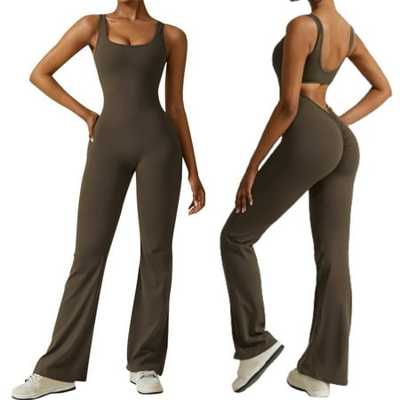 TQWQT Flare Jumpsuits for Women Square Neck Tank Top Bodycon Full Length Scrunch Butt V Back Playsuit Casual Workout Bodysuit Brown XL