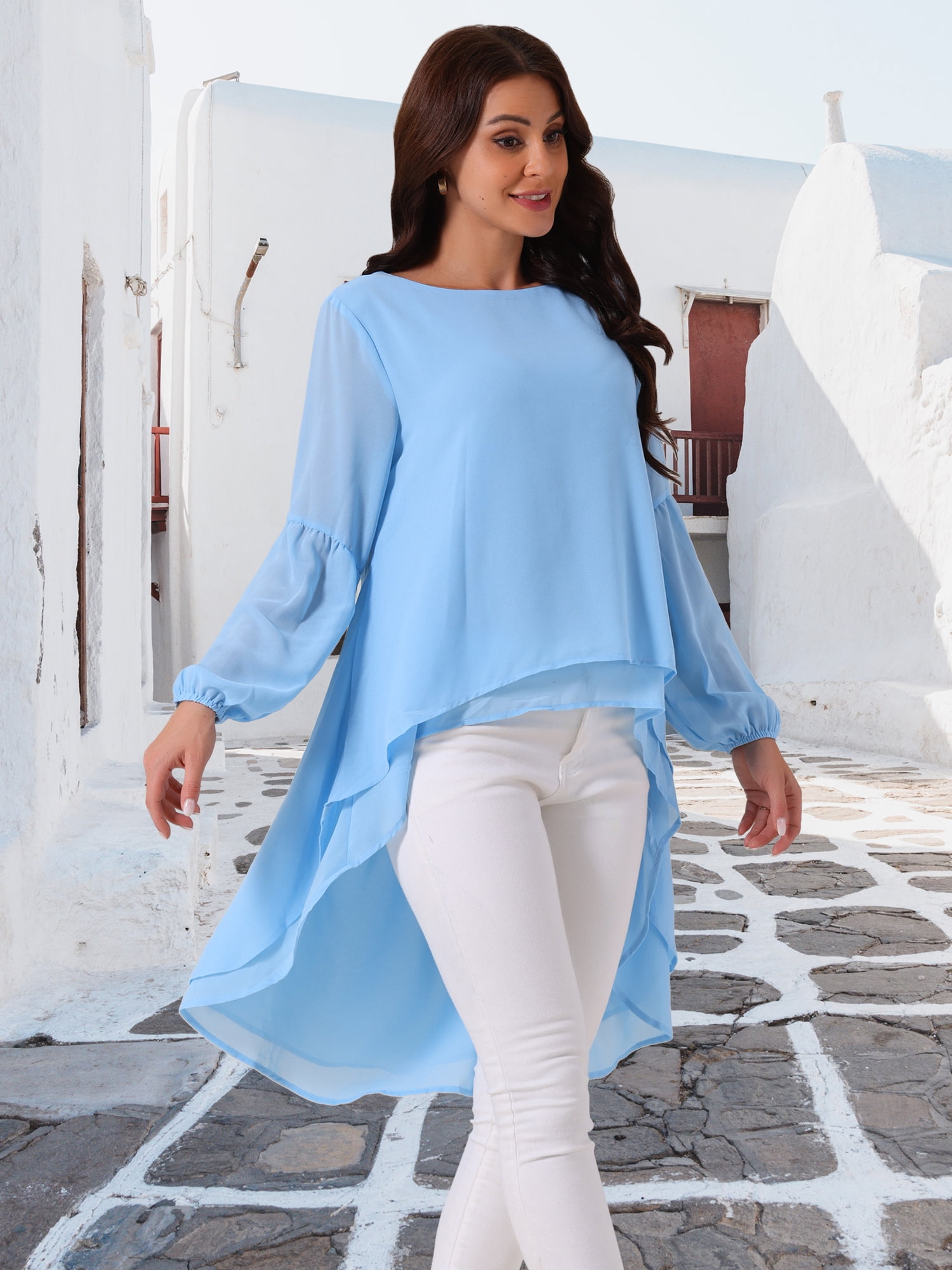 Unique Bargains Women's Lantern High Low Asymmetrical Irregular Hem Blouse Tops M Sky Blue