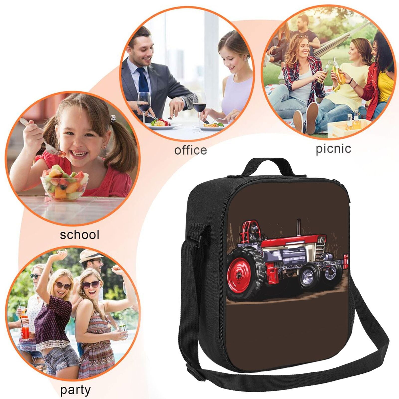 Logiee red tractor Print Insulated Lunch Bag for Women/Men, Reusable Lunch Box for Office Work School Picnic Beach,Leakproof Freezable Cooler Bag with Shoulder Strap