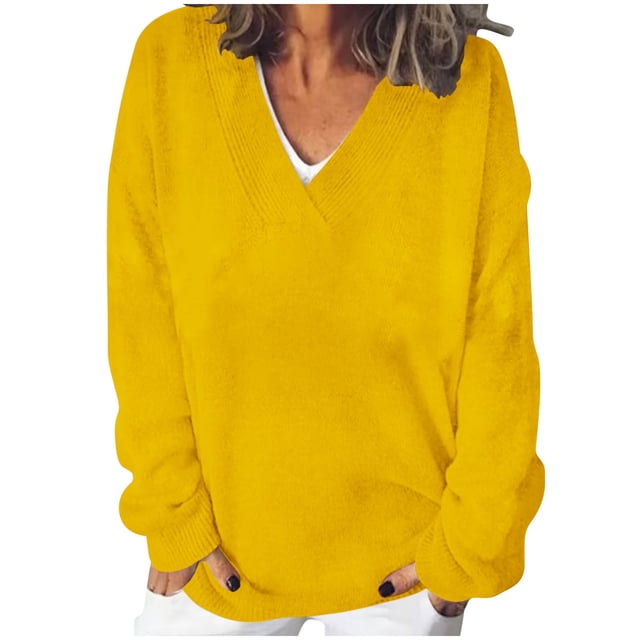 tarylea Oversized Tops for Women V Neck Ribbed Knitted Pullover Long Sleeve Solid Color Tops Casual Loose Shirts