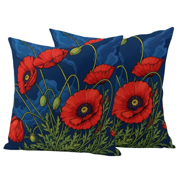 Red Flowers Outdoor Waterproof Pillow Covers, Farmhouse Botanical Blue Marble Texture Decorative Square Throw Pillowcase Sofa Cushion Sham for Patio/Couch/Chair, 18"x18" 2 Pack
