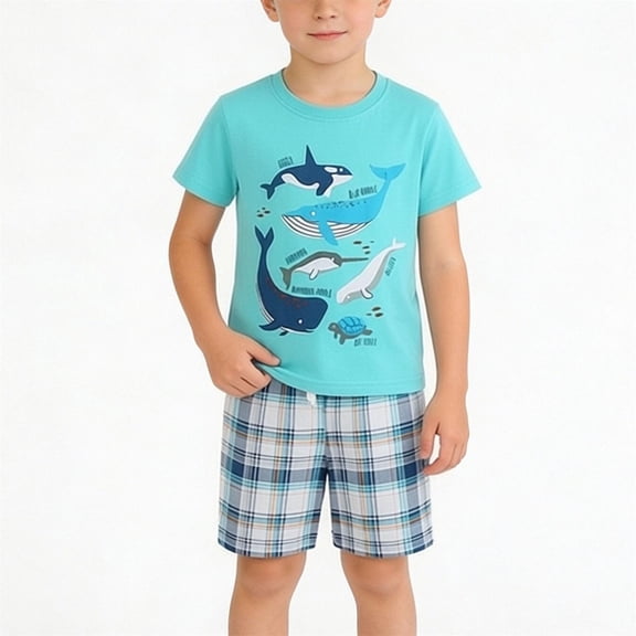 Eltusu Boys Cotton Outfit Sets, Comfort Elastic Waist Short Sleeve Crew Neck T-Shirts & Shorts Sets Blue Size 7-8 T