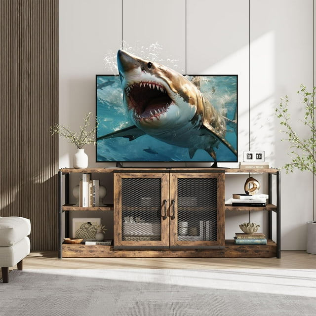 Yeshouse Mueble para TV De 63 Pulgadas con 2 Estantes Abiertos y 2 Puertas De Malla, Centro De Entretenimiento De Diseño Industrial, Mesa Consola Multimedia para Salón y Dormitorio