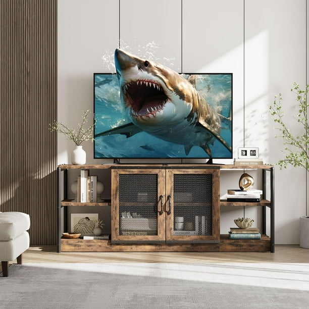 Yeshouse Mueble para TV De 63 Pulgadas con 2 Estantes Abiertos y 2 Puertas De Malla, Centro De Entretenimiento De Diseño Industrial, Mesa Consola Multimedia para Salón y Dormitorio