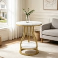 thumbnail image 3 of Fnova 23" Round End Table, Modern 2-Tier Side Table with Storage and Metal Frame, Small Bedside Table for Living Room, Bedroom, White Gold, 3 of 15