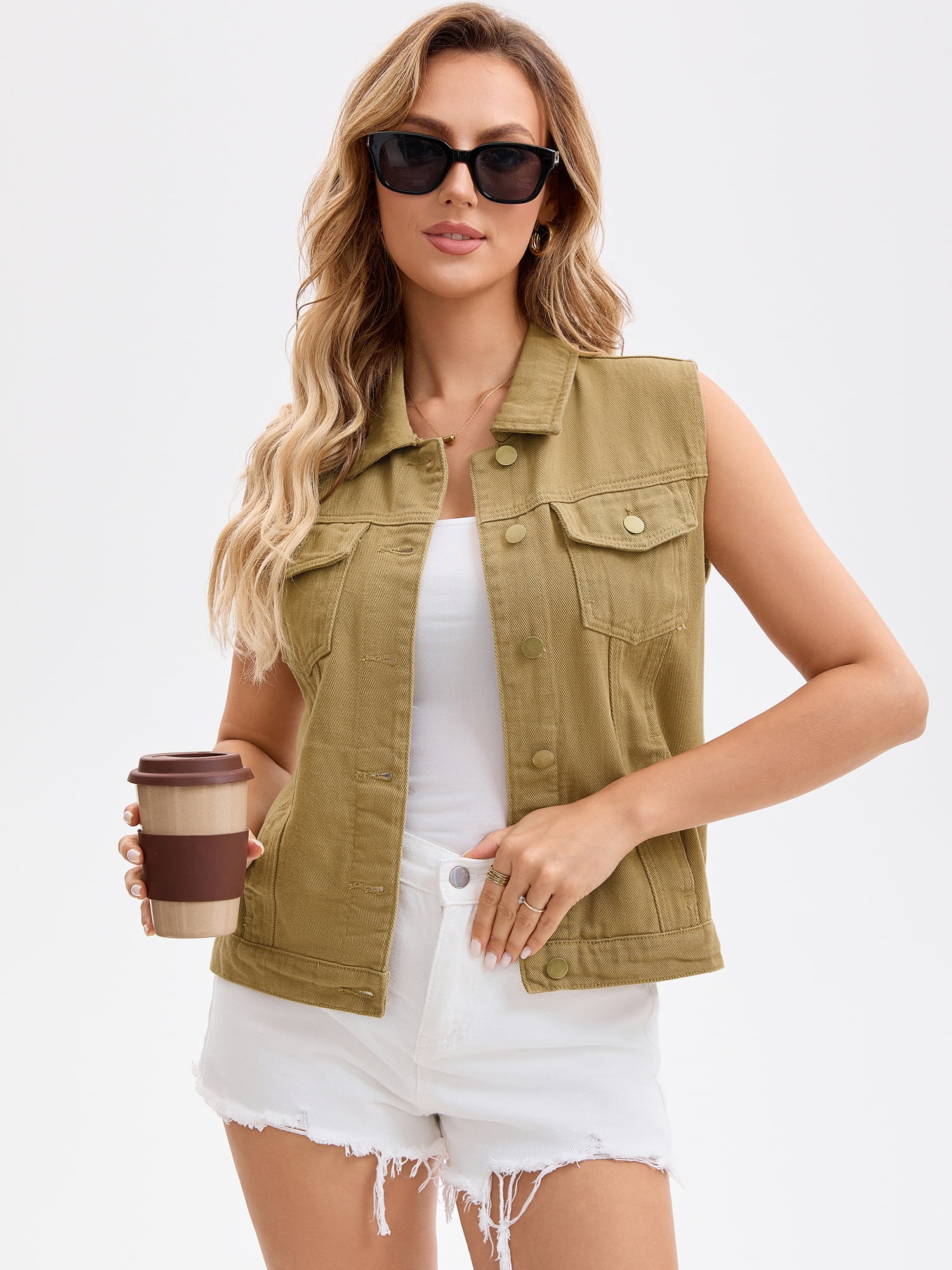 DARING DIVA Womens Denim Vest Button Down Jacket Sleeveless Jean Jacket XL Khaki