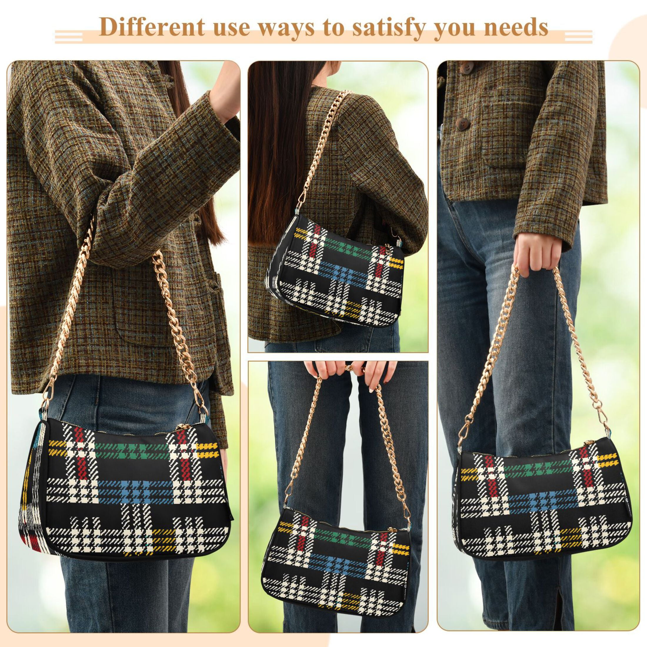 Ryvnso Colorful Black Checkered Pattern Womens Chain Shoulder Bag Tote Handbags Clutch Hobo Purse with Zipper for Travel