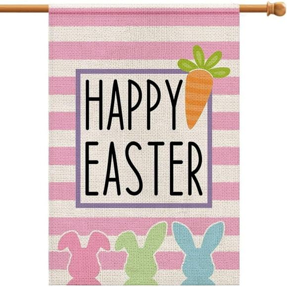 Drapeau de Maison de Lapin de Pâques Joyeuses Double Face en Toile de Jute 28x40 Pouces Lapin Décoration de Ferme Extérieure DF020-28