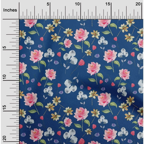oneOone Cotton Jersey Royal Blue Fabric Flower & Leaves Watercolor Sewing Material Print Fabric By The Yard 58 Inch Wide