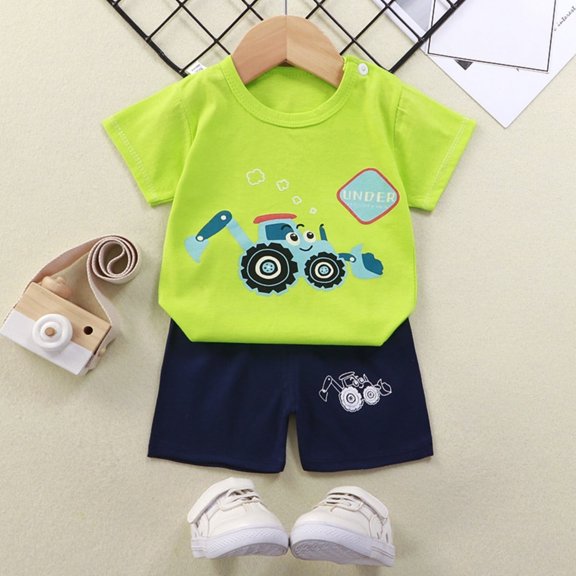 Summer Outfits for Boy Excavator Clothes for Boys Toddler Boys Girls Summer Cartoon Printed Short Sleeved Tops And Shorts 2PC Children's Suit Light Green 5-6 Years