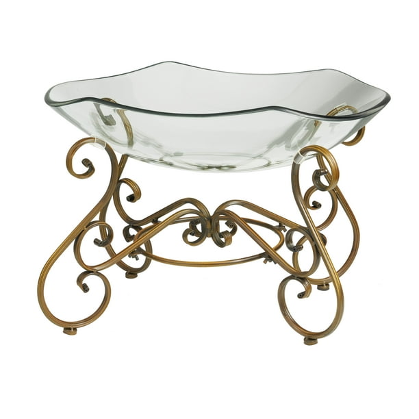 DecMode 21" x 14" Clear Glass Kitchen Serving Bowl with Gold Metal Scroll Base, 1Piece