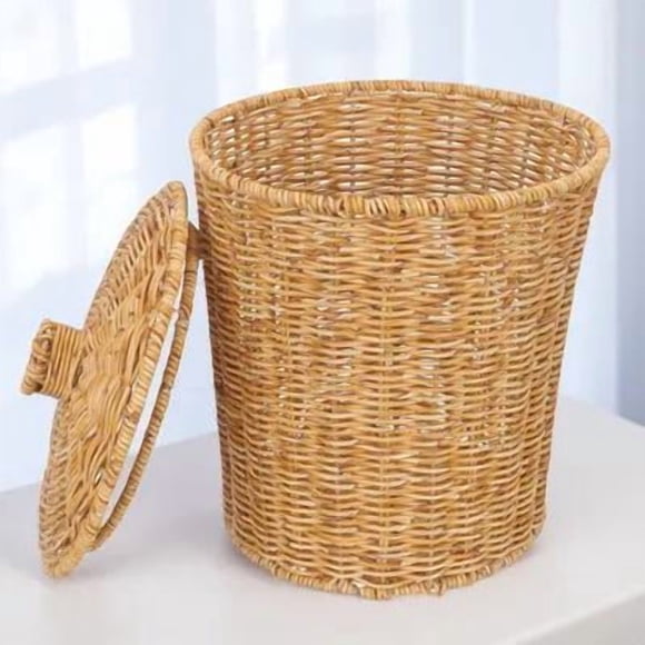 unbranded Wicker Basket With Lid Round Light Yellow 1Set For Families Storage