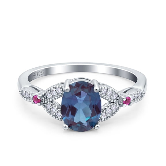 Lab Alexandrite Size-5 Art Deco Oval Vintage Style Split Shank Leaf Design Beaded Aquamarine CZ Wedding Engagement Ring 925 Sterling Silver