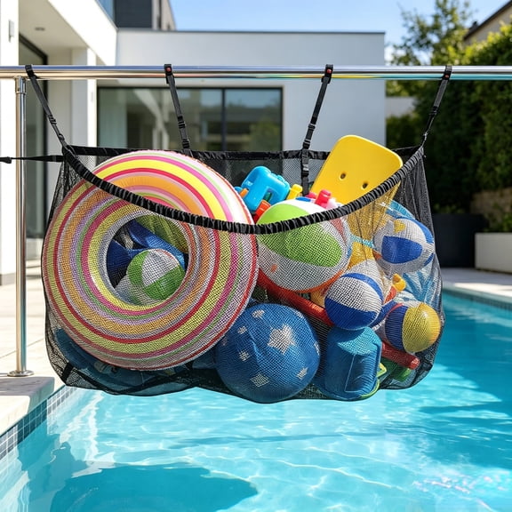 Pool Float Storage Bag with Fixing Hooks, Outdoor Pool Toy Storage Mesh Bag, 145x84cm Extra Big Hanging Net, Multi-Purpose Ball & Float Toy Organizer for Backyard, Mesh Bag for Fence Garage