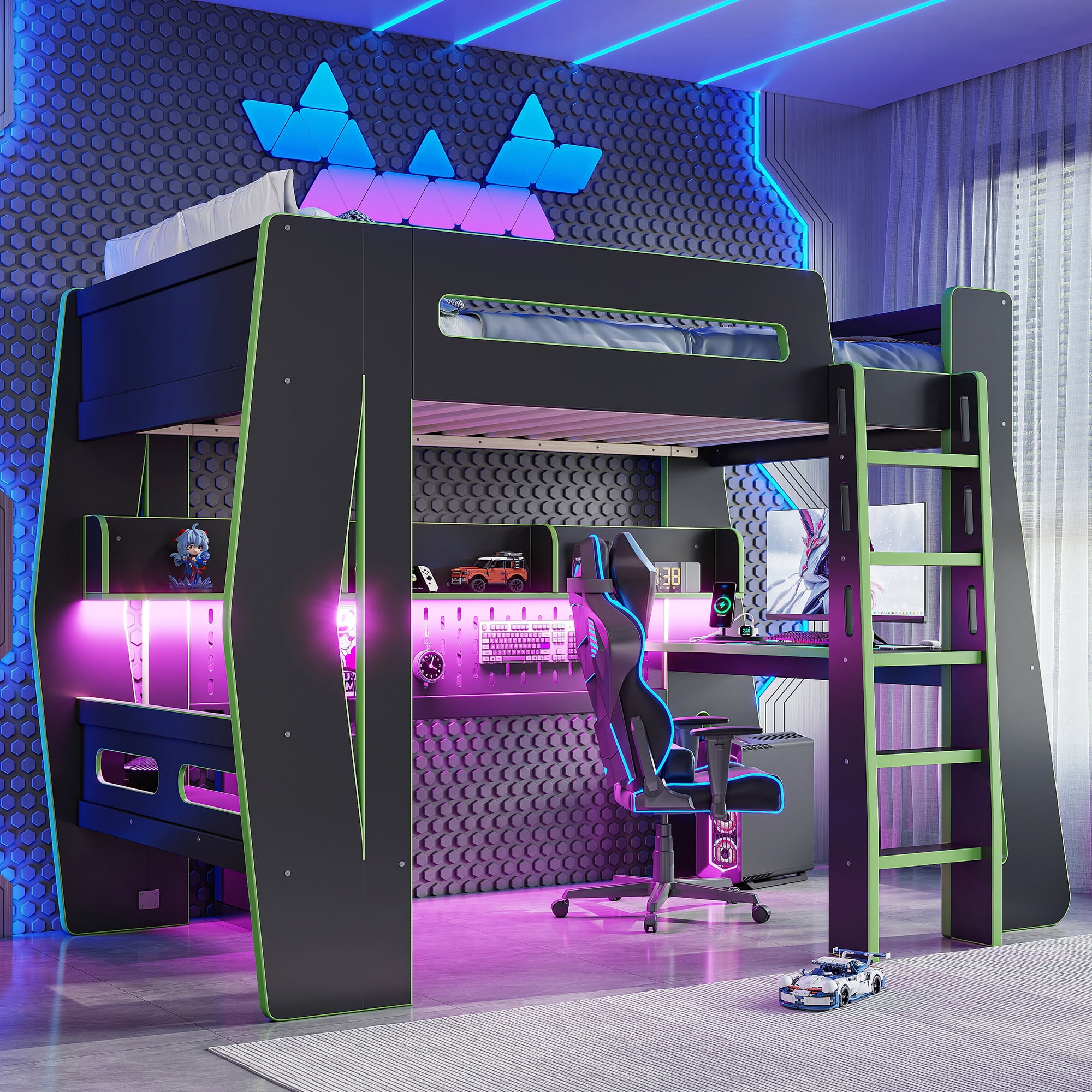 Mintazer Twin Size Gaming Loft Bed with Desk & LED Ambient Light, Esports Loft Bed with Storage Shelves & Power Outlet for Teens Bedroom, Green