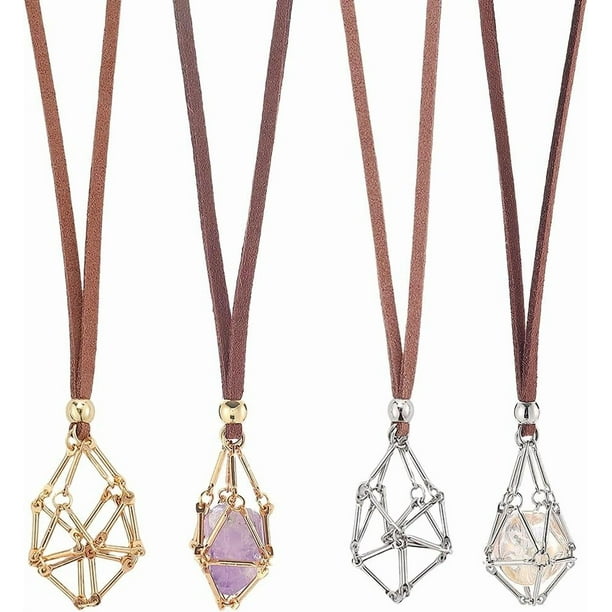 1 caja de 6 soportes para collares de piedras, soporte vacío, dorados y plateados, ajustables, con gemas, colgantes tipo jaula, cordón de cuero sintético.