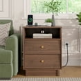 thumbnail image 3 of Night Stand With Charging Station, Mid Century Modern End Table, 19'' Wide Wood Bedside Table With 2 Storage Drawers For Bedroom, Walnut Brown, 3 of 10