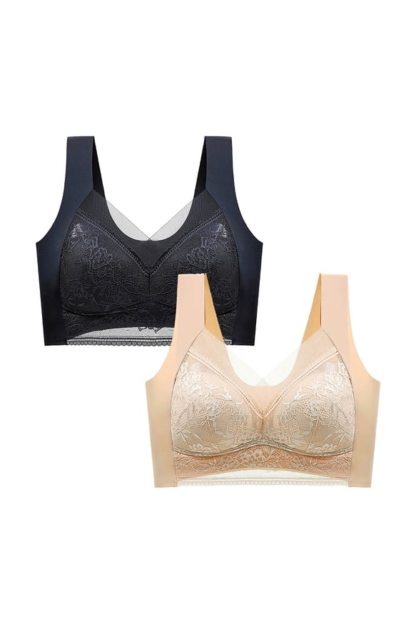 YWDJ Sleep Bras for Women Plus Size 2 Pack Closure in Back No Underwire Wide Strap Full Coverage Bras Low Support Hollow Padded Plus Size Lace Bras Comfortable Wrap Solid Bras Beige L