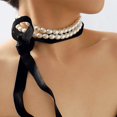 thumbnail image 1 of Collar de gargantilla de cinta negra larga para mujer, joyería de fiesta de boda de tendencia, elegante perla de imitación blanca, collares de vacaciones en la playa, 1 of 4